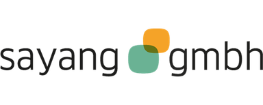 sayang GmbH Schriftzug 'sayang gmbh' mit zwei überlappenden, abgerundeten Farbflächen in Orange und Grün