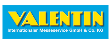 Valentin Internationaler Messeservice GmbH & Co. KG Gelbes Wort 'VALENTIN' in Großbuchstaben auf blauem Hintergrund, darunter weißer Text 'Internationaler Messeservice GmbH & Co. KG'.