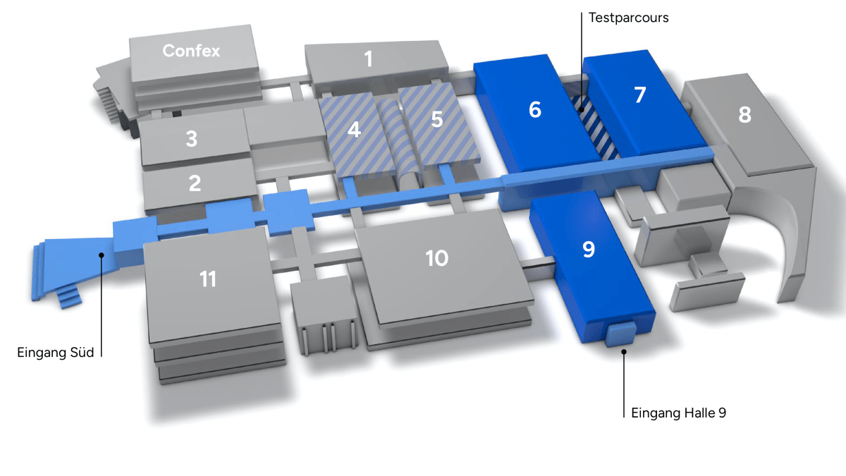 Ein 3D-Hallenplan des Veranstaltungsortes zeigt deutlich gekennzeichnete Bereiche wie Eingänge, Hallen sowie zentrale Plätze wie Confex und Testparcours, um Ihnen einen optimalen Überblick über die towards tomorrow - European Bike Show zu verschaffen.