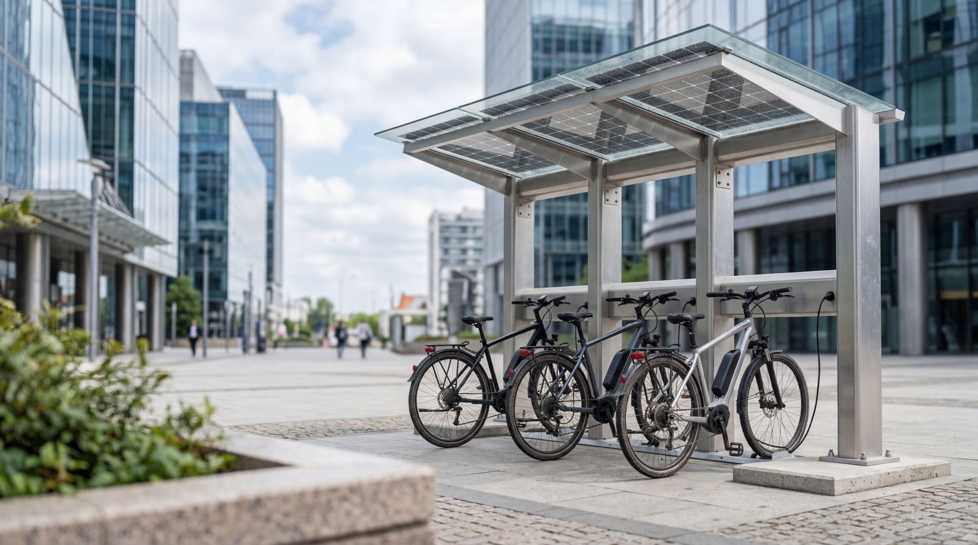 Eine moderne Fahrradabstellanlage mit mehreren Fahrrädern, die unter einem Solarpanel-Vordach geschützt ist, befindet sich in einem lebhaften Platz, umgeben von gläsernen Gebäuden.