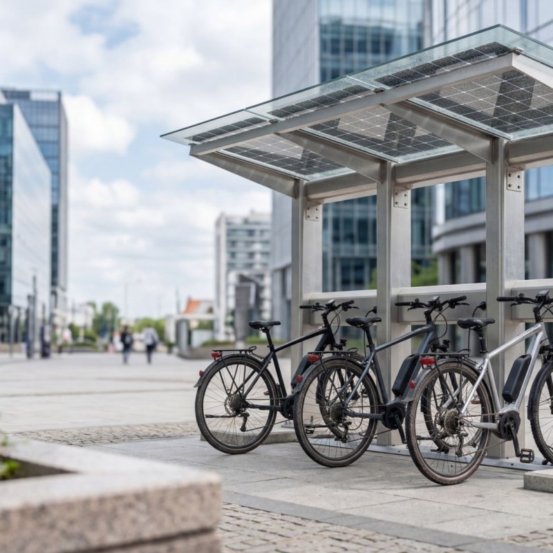 Ein moderner Fahrradständer mit mehreren Fahrrädern ist unter einem Solarpanel-Dach in einem Platz mit umliegenden Glasgebäuden untergebracht, ganz im Zeichen nachhaltiger Infrastruktur.