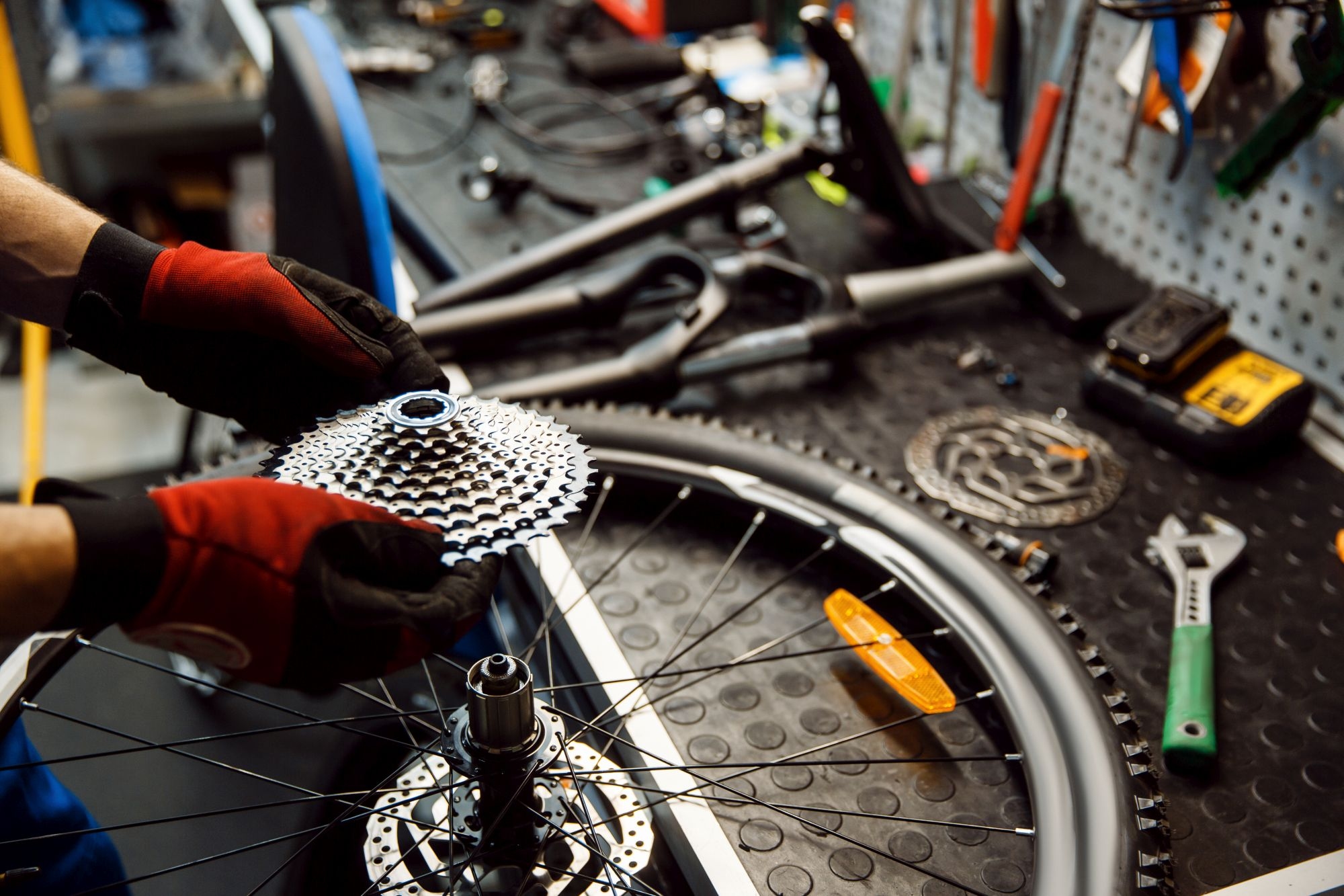 Eine Person mit roten Handschuhen hält ein Fahrrad-Cassette über einem Rad, umgeben von Werkzeugen und Fahrradteilen auf einer Werkbank in einer gut beleuchteten Werkstatt.