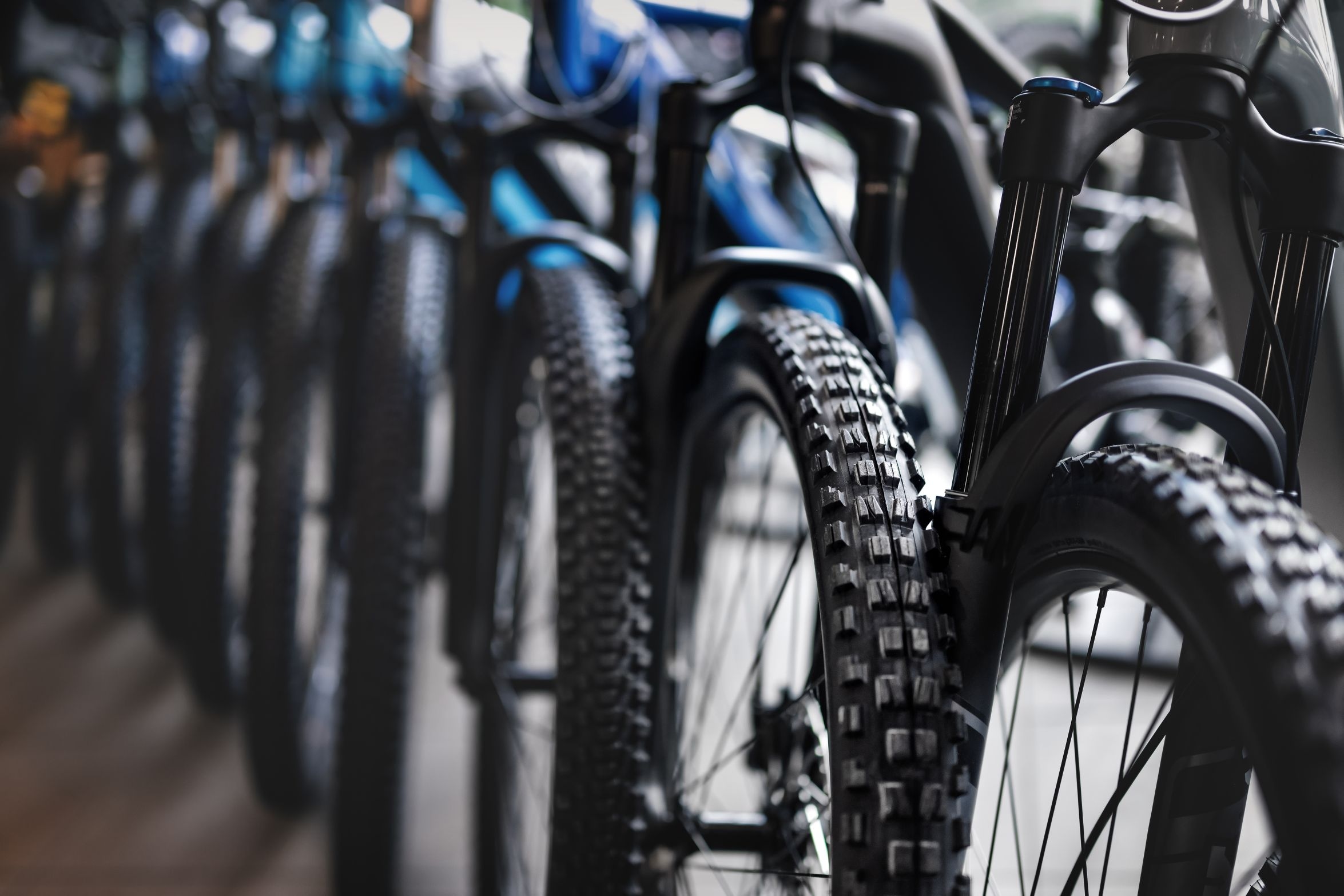Eine Reihe von Mountainbikes mit auffälligen Reifen und blauen Rahmen ist auf einem hölzernen Boden aufgestellt, um ihre innovativen Räder und die fortschrittliche Federung zu präsentieren, und spiegelt die europäische Verbindung und internationale Wettbewerbsfähigkeit wider, die in Köln für die Fahrradwirtschaft entsteht.