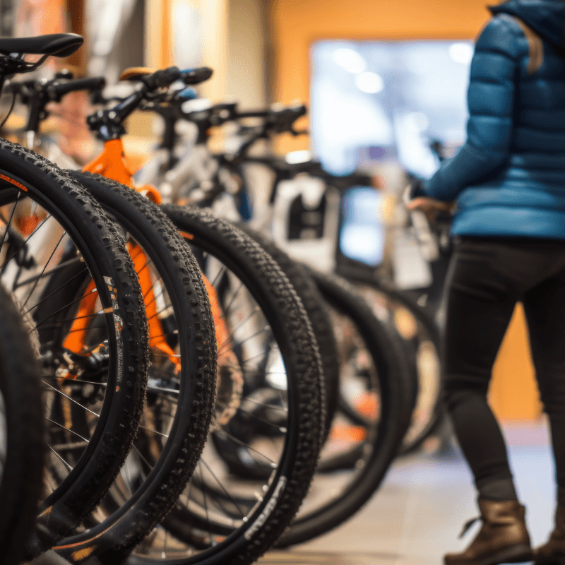 Eine Person betrachtet sorgfältig die Mountainbikes in einem Fachgeschäft, in dem verschiedene Modelle ordentlich aufgereiht sind und eine einladende Atmosphäre durch angenehmes Licht entsteht.
